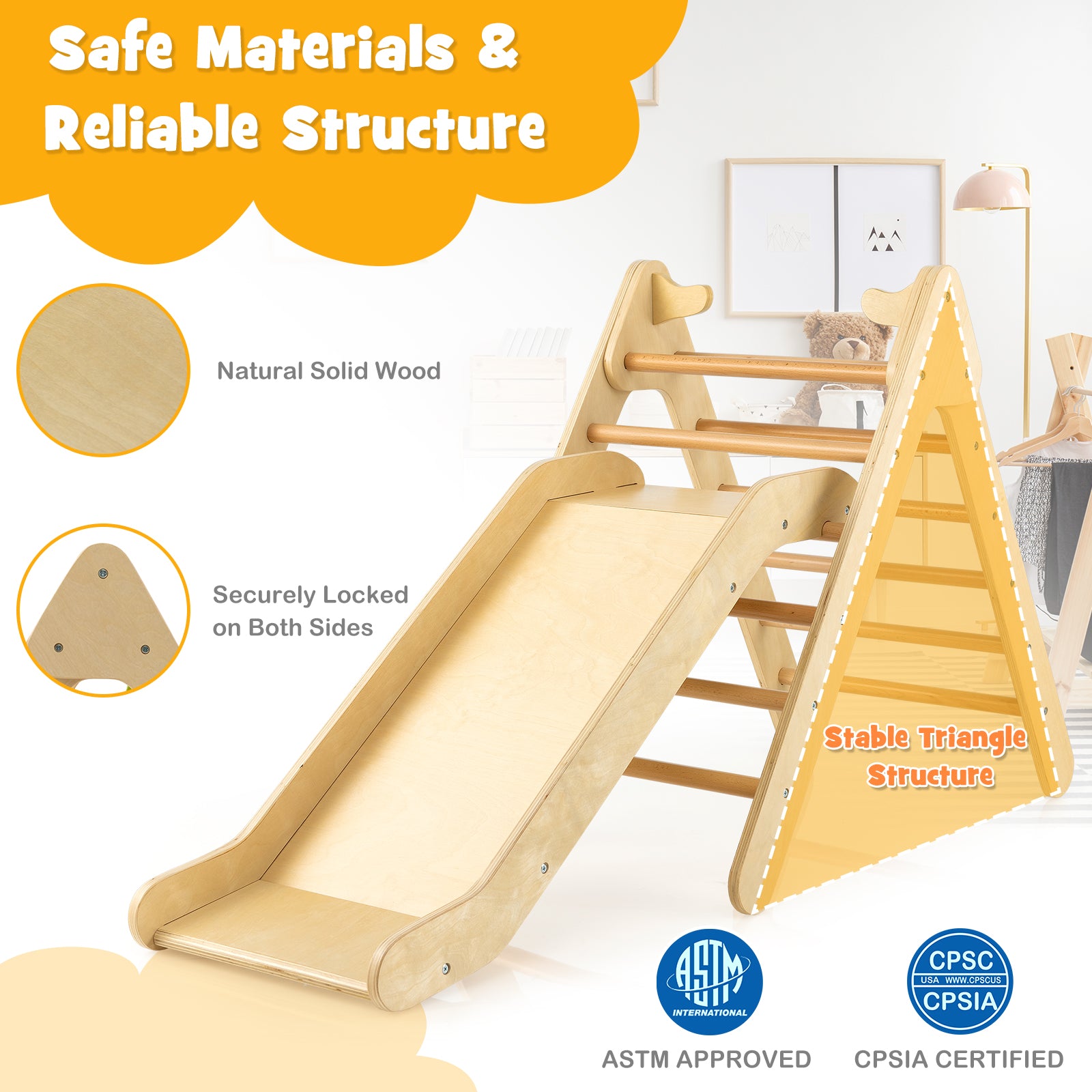 2-in-1 Wooden Triangle Climber Set with Adjustable Slide for Kids