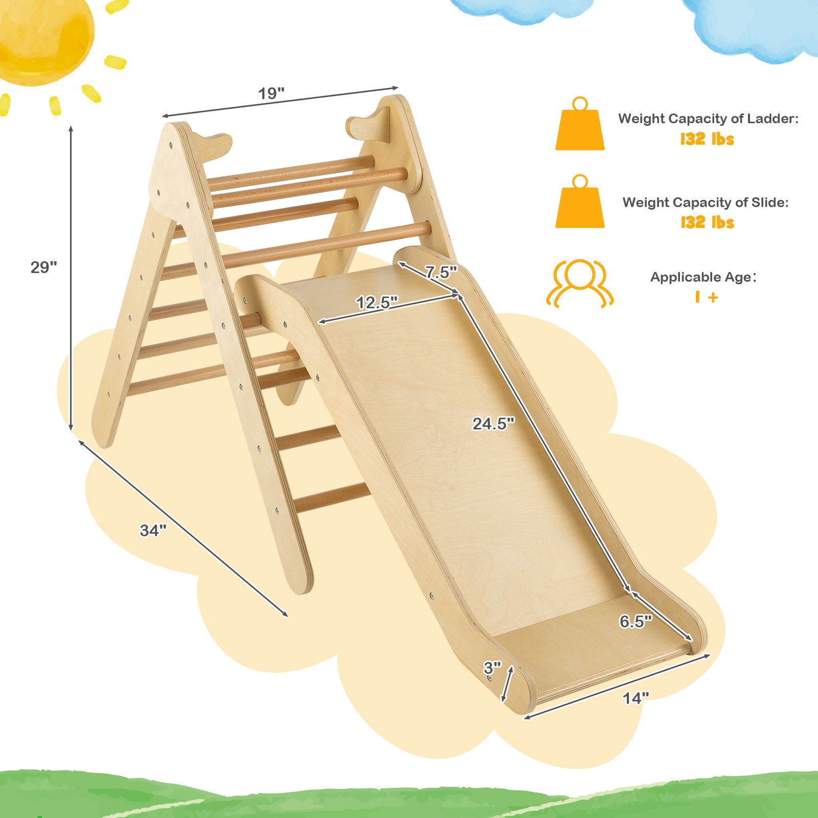 2-in-1 Wooden Triangle Climber Set with Adjustable Slide for Kids