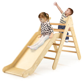 2-in-1 Wooden Triangle Climber Set with Adjustable Slide for Kids