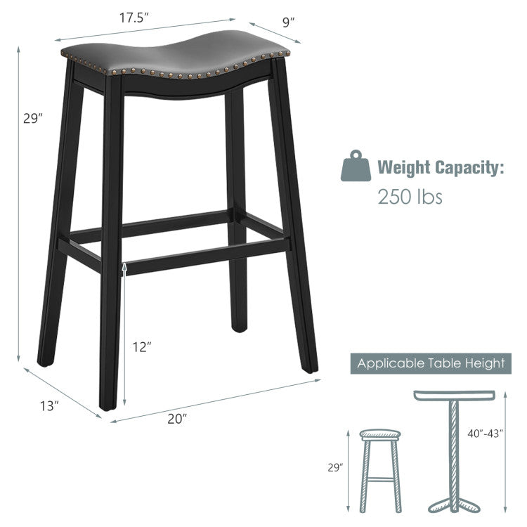 29 Inch Set of 2 Wood Nailhead Barstools with PVC Leather Padded  Seat for Kitchen and Pub