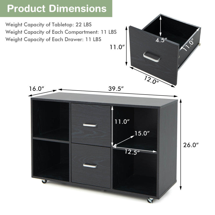 2 Drawer Wood Mobile File Cabinet with 4 Open Compartments for Home Office