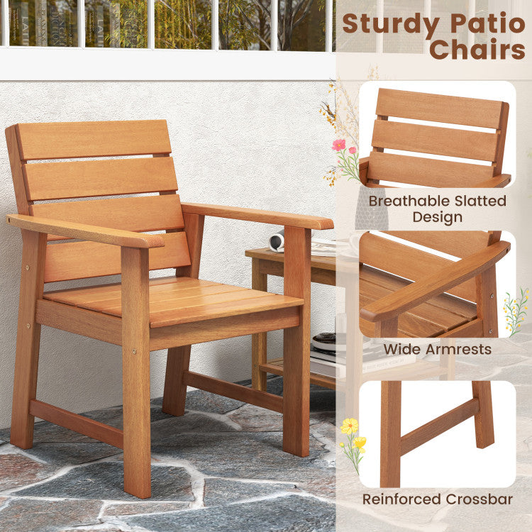 2 Piece Patio Hardwood Chair with Slatted Seat and Inclined Backrest