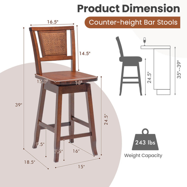 2 Pieces 24.5 Inch 360° Swivel Seat Bar Stools with Back for Kitchen Island and Home Bar