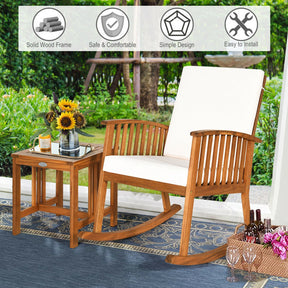 2 Pieces Acacia Wood Patio Rocking Chair Table Set for Patio and Poolside