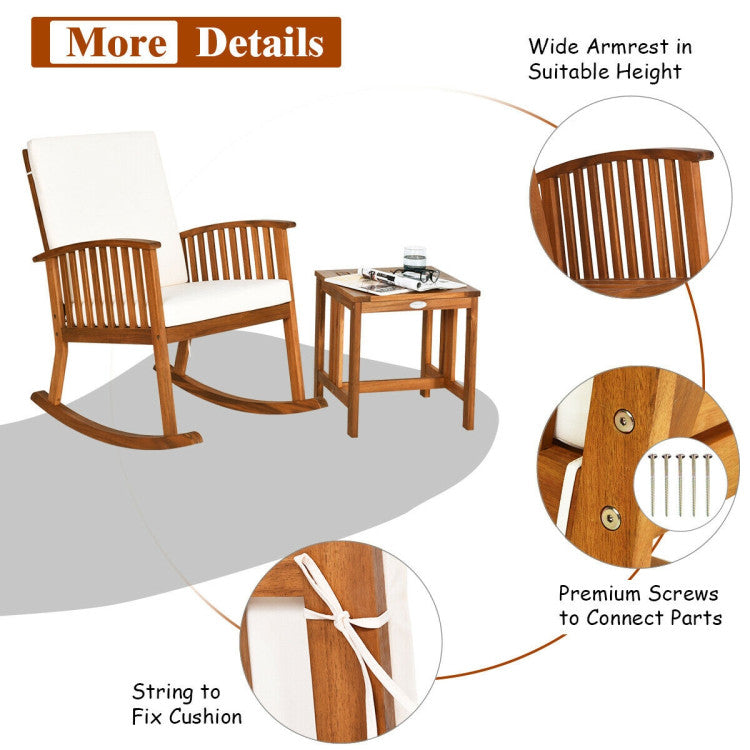 2 Pieces Acacia Wood Patio Rocking Chair Table Set for Patio and Poolside