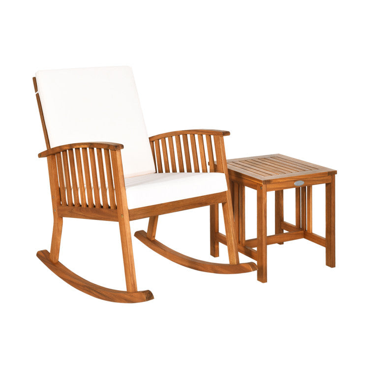 2 Pieces Acacia Wood Patio Rocking Chair Table Set for Patio and Poolside