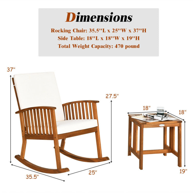 2 Pieces Acacia Wood Patio Rocking Chair Table Set for Patio and Poolside