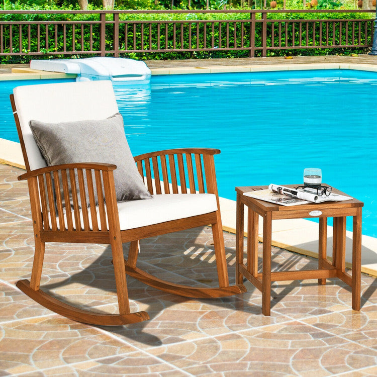 2 Pieces Acacia Wood Patio Rocking Chair Table Set for Patio and Poolside