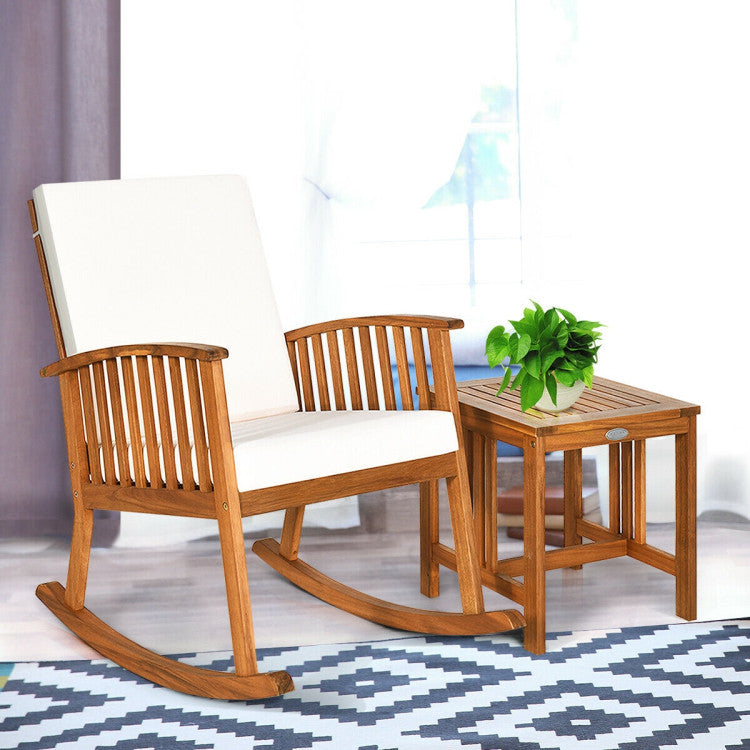 2 Pieces Acacia Wood Patio Rocking Chair Table Set for Patio and Poolside