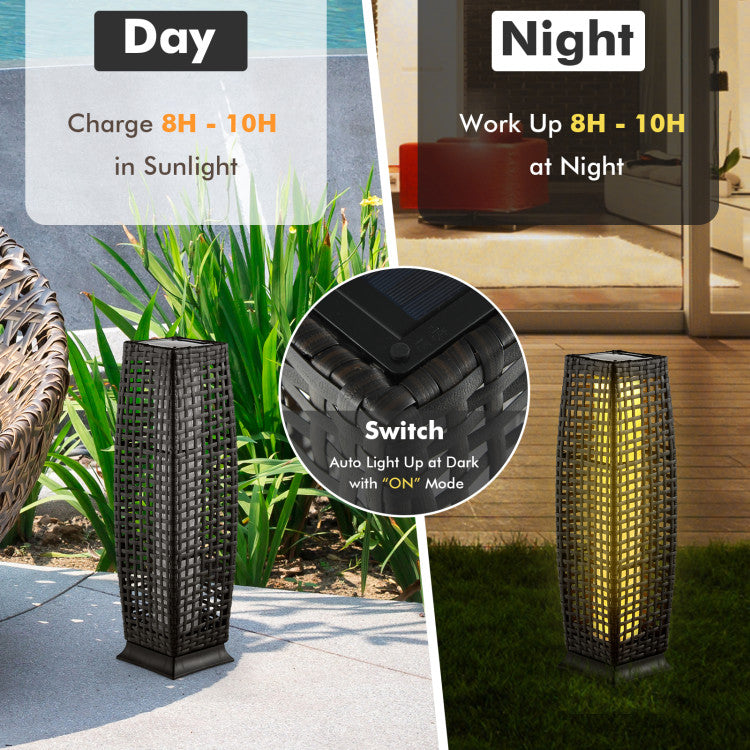 2 Pieces LED Solar-Powered Weatherproof Square Wicker Floor Lamps with Auto On/Off