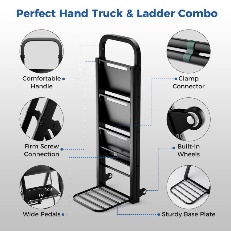 2 in 1 Folding Hand Truck and Ladder Combo with Rubber Wheels and Handle