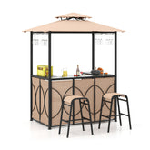 Hikidspace 3-Piece Patio Bar Set Grill with Tempered Glass Bar Table & Gazebo & 2 Bar Stools_Brown