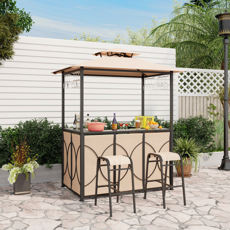 Hikidspace 3-Piece Patio Bar Set Grill with Tempered Glass Bar Table & Gazebo & 2 Bar Stools_Brown