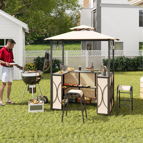 Hikidspace 3-Piece Patio Bar Set Grill with Tempered Glass Bar Table & Gazebo & 2 Bar Stools_Brown