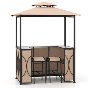 Hikidspace 3-Piece Patio Bar Set Grill with Tempered Glass Bar Table & Gazebo & 2 Bar Stools_Brown