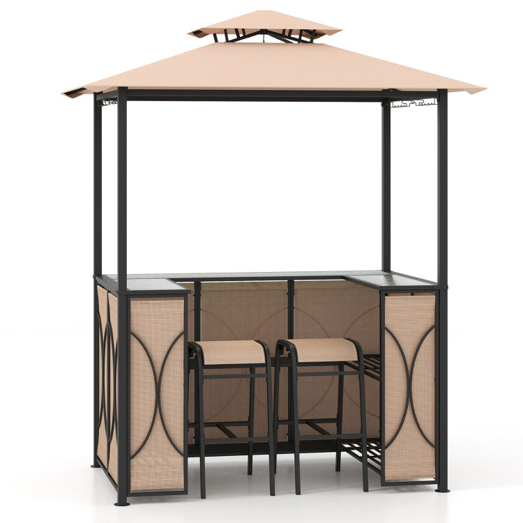 Hikidspace 3-Piece Patio Bar Set Grill with Tempered Glass Bar Table & Gazebo & 2 Bar Stools_Brown