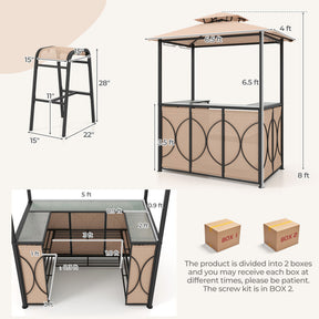 Hikidspace 3-Piece Patio Bar Set Grill with Tempered Glass Bar Table & Gazebo & 2 Bar Stools_Brown