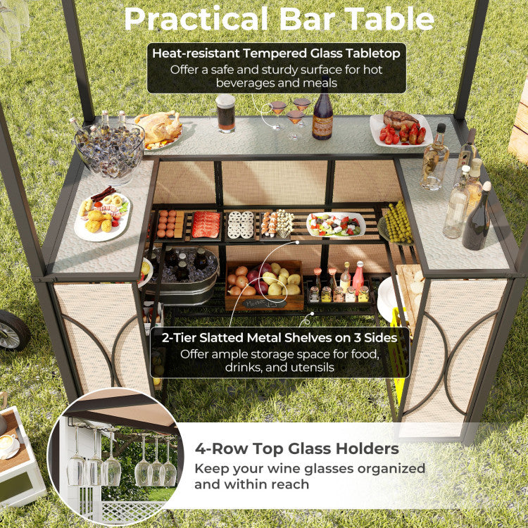 Hikidspace 3-Piece Patio Bar Set Grill with Tempered Glass Bar Table & Gazebo & 2 Bar Stools_Brown