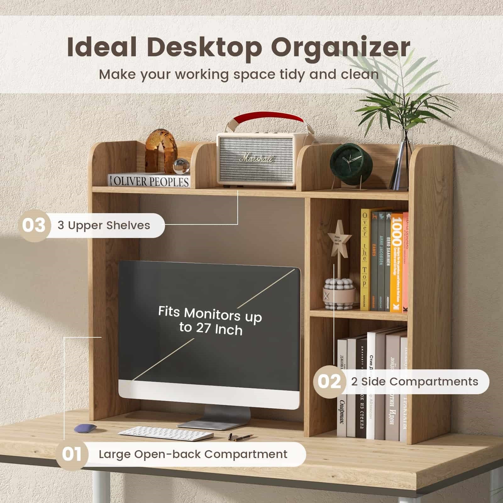 3-Tier 4 Shelves Multipurpose Desk Bookshelf with Anti-Tip Kits#color_Beige