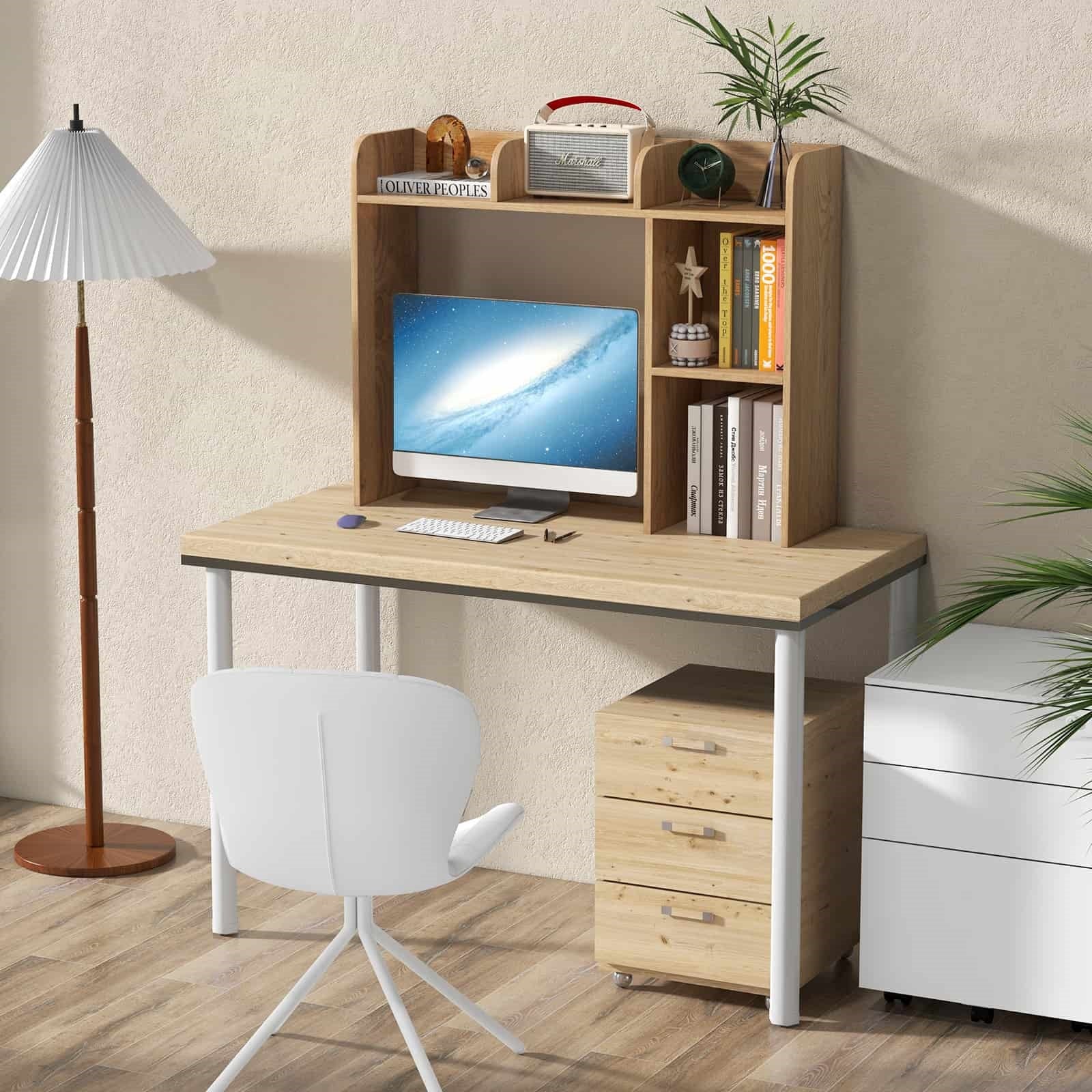 3-Tier 4 Shelves Multipurpose Desk Bookshelf with Anti-Tip Kits#color_Beige