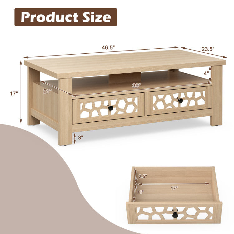 3-Tier Coffee Table with 2 Drawers and Open Shelf for Living Room and Office