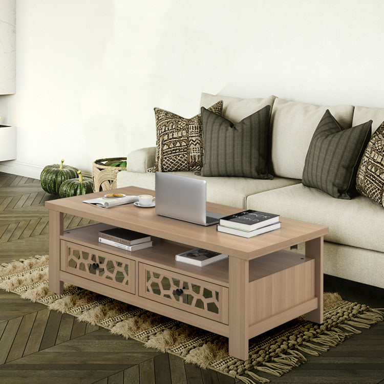 3-Tier Coffee Table with 2 Drawers and Open Shelf for Living Room and Office