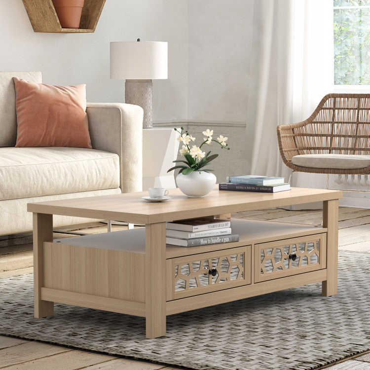 3-Tier Coffee Table with 2 Drawers and Open Shelf for Living Room and Office