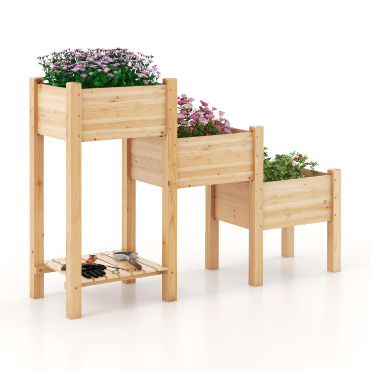 3-Tier Wooden Raised Garden Bed with Open Storage Shelf