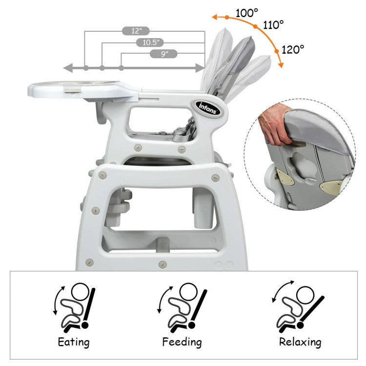 3-in-1 Baby Dining High Chair with Lockable Universal Wheels and Adjustable Seat Back