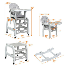 3-in-1 Baby Dining High Chair with Lockable Universal Wheels and Adjustable Seat Back