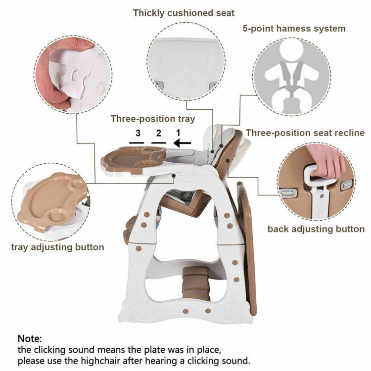 Hikidspace 3-in-1 Infant Table and Chair Set Baby High Chair with 5-Point Safety Harness and Removable Tray_Brown