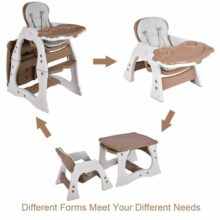 Hikidspace 3-in-1 Infant Table and Chair Set Baby High Chair with 5-Point Safety Harness and Removable Tray_Brown