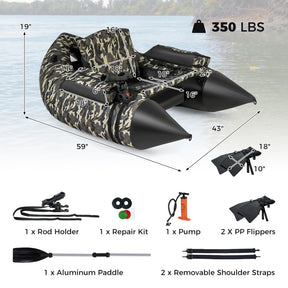 350 LBS Inflatable Fishing Float Tube with Adjustable Backrest and Rod Holder