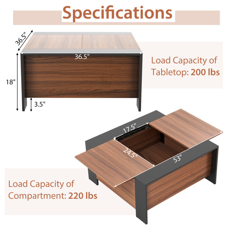 36.5 Inch Coffee Table with Sliding Top and Hidden Storage Compartment