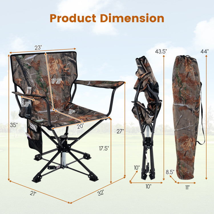 360° Swivel Foldable Foldable Hunting Chair with Cup Holder and Storage Pockets