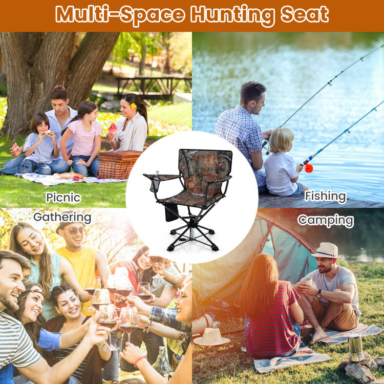 360° Swivel Foldable Foldable Hunting Chair with Cup Holder and Storage Pockets