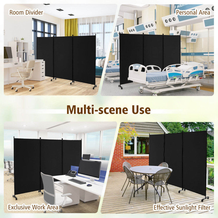 3 Panel Folding Room Divider with Lockable Wheels for Home Office Hospital Restaurant