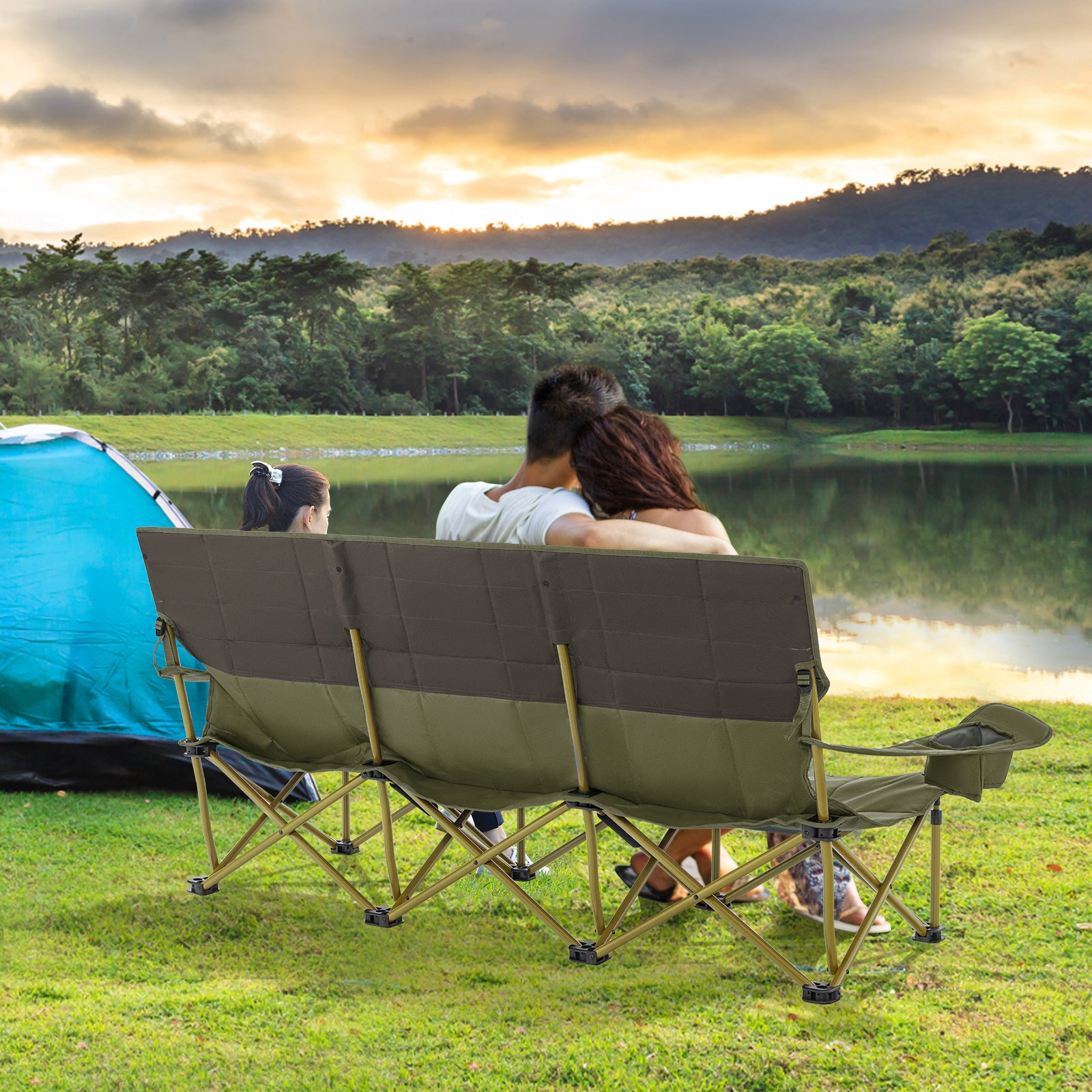 3 Person Folding Camping Chair with 2 Cup Holders & Storage Bag