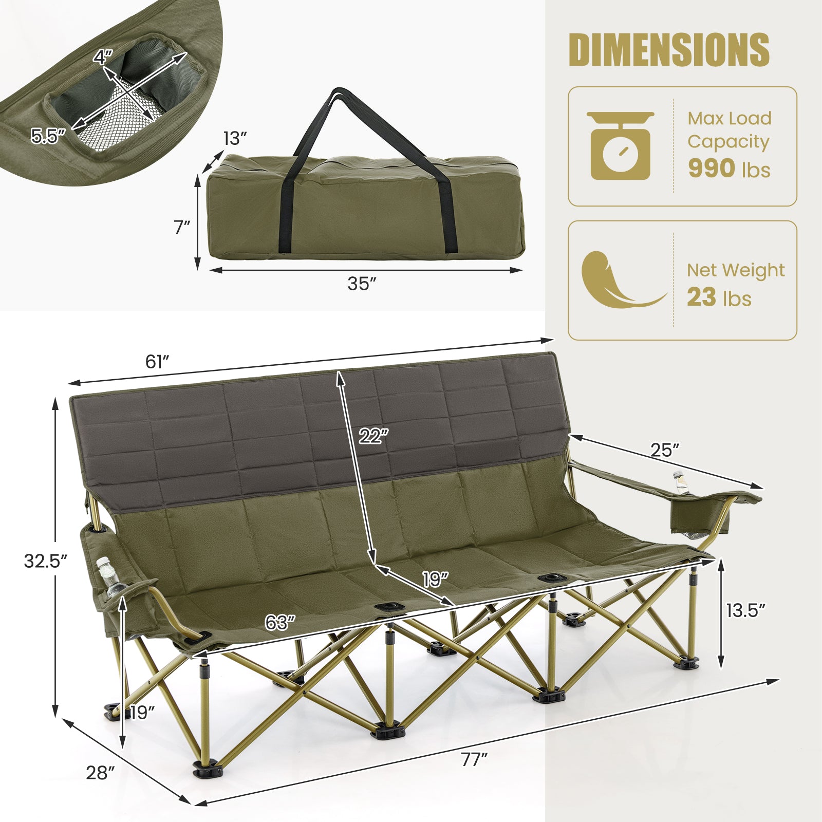 3 Person Folding Camping Chair with 2 Cup Holders & Storage Bag