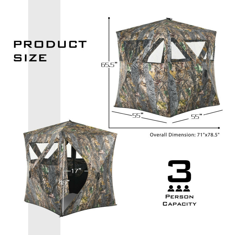 3 Person Portable Pop-Up Ground Hunting Blind with Tie-downs and Carrying Bag