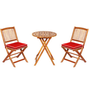 3 Pieces Acacia Patio Folding Bistro Round Coffee Table Chairs Set with Cushions