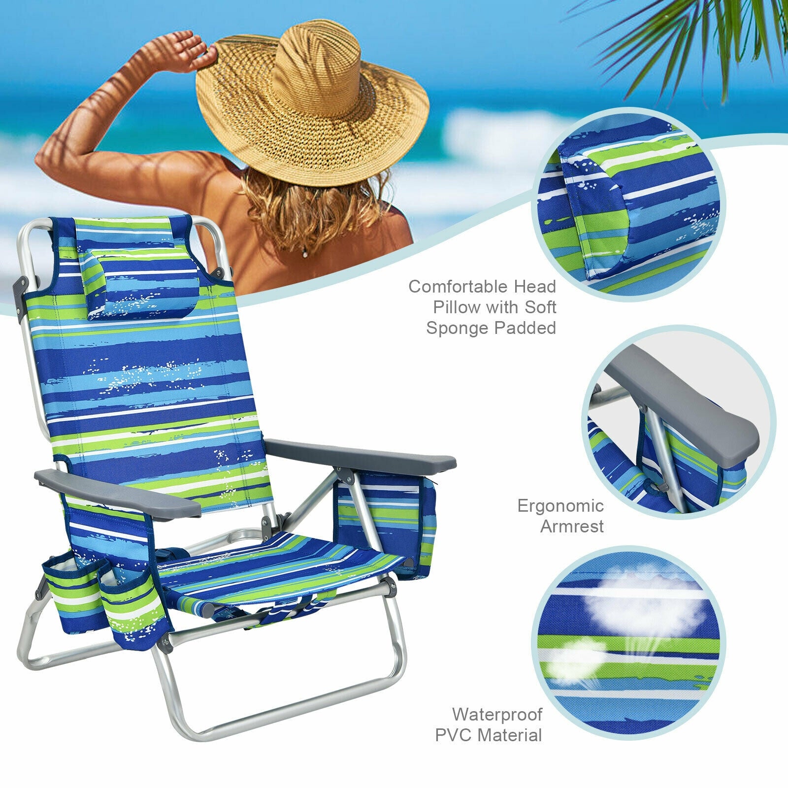 4-Pack 5 Adjustable Position Outdoor Folding Backpack Beach Reclining Chair with Pillow