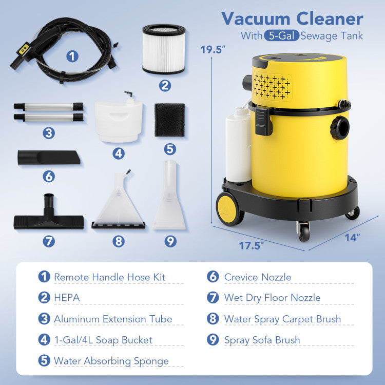 4-in-1 Portable Wet Dry Vacuum Cleaner with 5-Gallon Tank