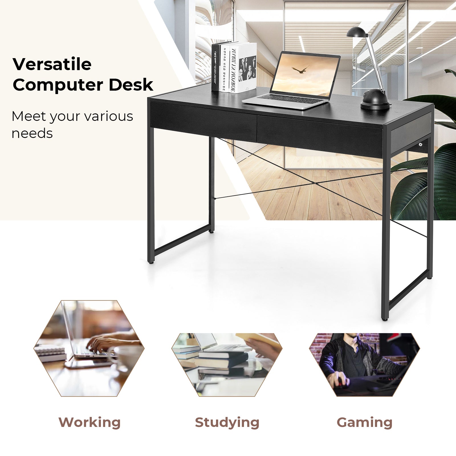 44-Inch Computer Desk Writing Study Desk with 2-Drawer for Home Office