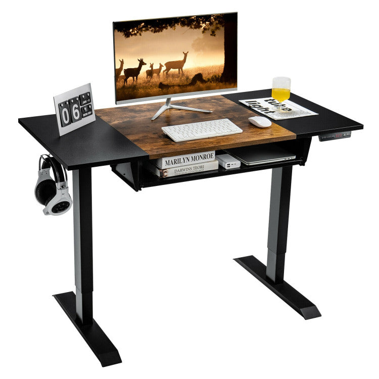 Hikidspace 48 Inch Electric Height Adjustable Standing Desk with Keyboard Tray for Home Office_Brown