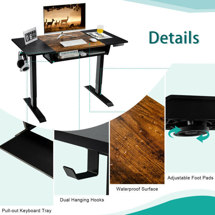 Hikidspace 48 Inch Electric Height Adjustable Standing Desk with Keyboard Tray for Home Office_Brown