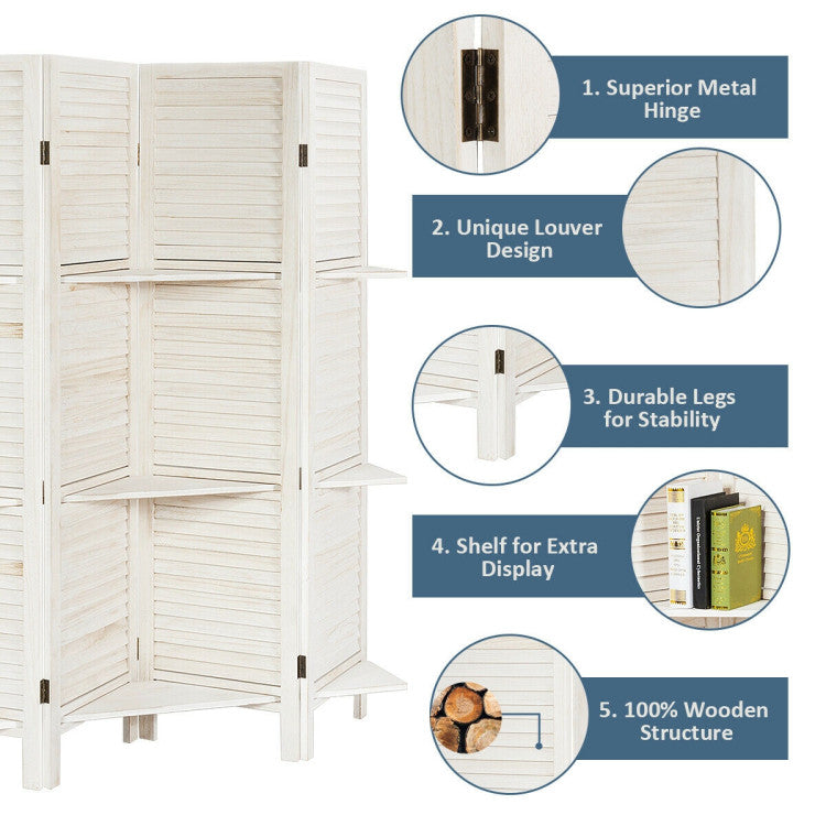 4 Panel Freestanding Folding Hinged Room Divider with 3 Storage Shelves