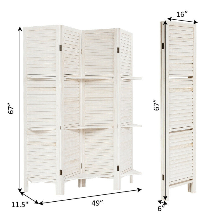 4 Panel Freestanding Folding Hinged Room Divider with 3 Storage Shelves