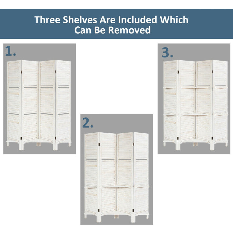 4 Panel Freestanding Folding Hinged Room Divider with 3 Storage Shelves