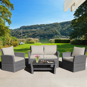 4 Pieces Outdoor Patio Rattan Furniture Set Sofa Table with Storage Shelf and Cushion